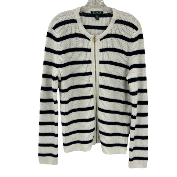 Lauren Ralph Lauren navy white nautical fisherman striped Zip sweater cardigan L
